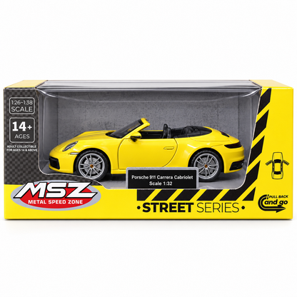 MSZ 1:32 Porsche 911 Carrera Cabriolet Diecast Car, Yellow – Pull Back Convertible Model for Collectors