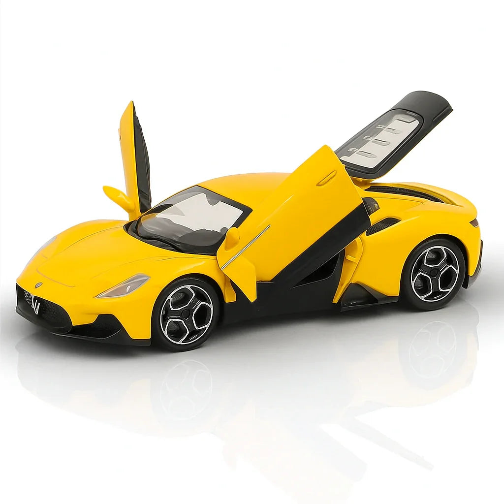 RMZ Hobby 1:32 Maserati MC20 Die-Cast Model Car – Yellow with Openable Doors, Pull-Back Action, Light & Sound (664982) - Jaiman Toys