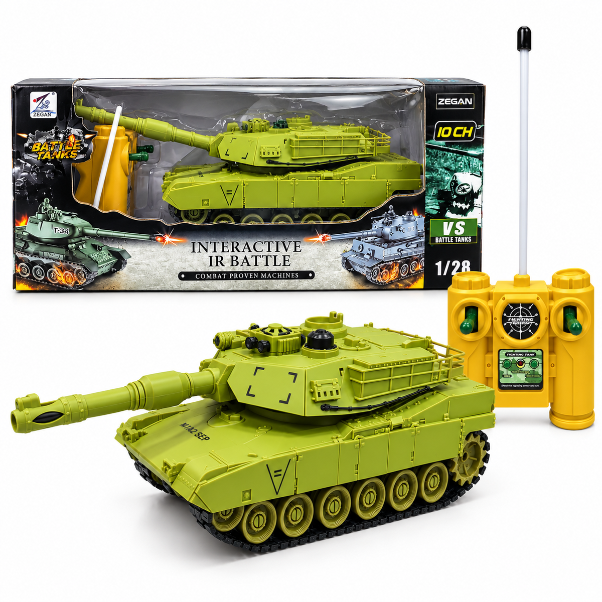 ZEGAN M1A2 99803 1:28 Scale Remote Control Military Battle Tank with Interactive IR Battle System, 10 Channel RC Tank Toy – Green