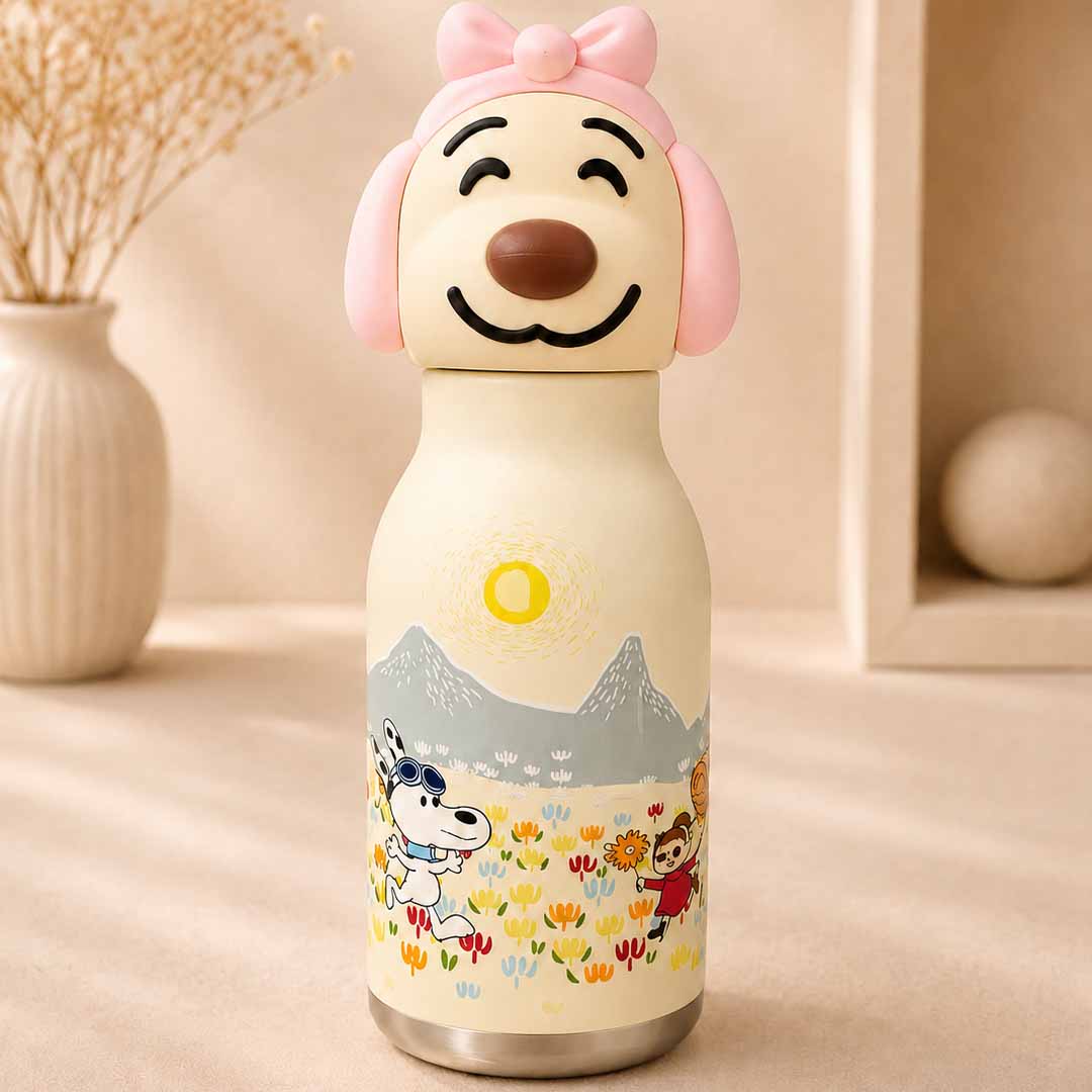 AFRESH 365 Animal Head Collection Puppy Stainless Steel Vacuum Insulated Water Bottle 450ml (16oz) with Straw & Cleaning Brush
