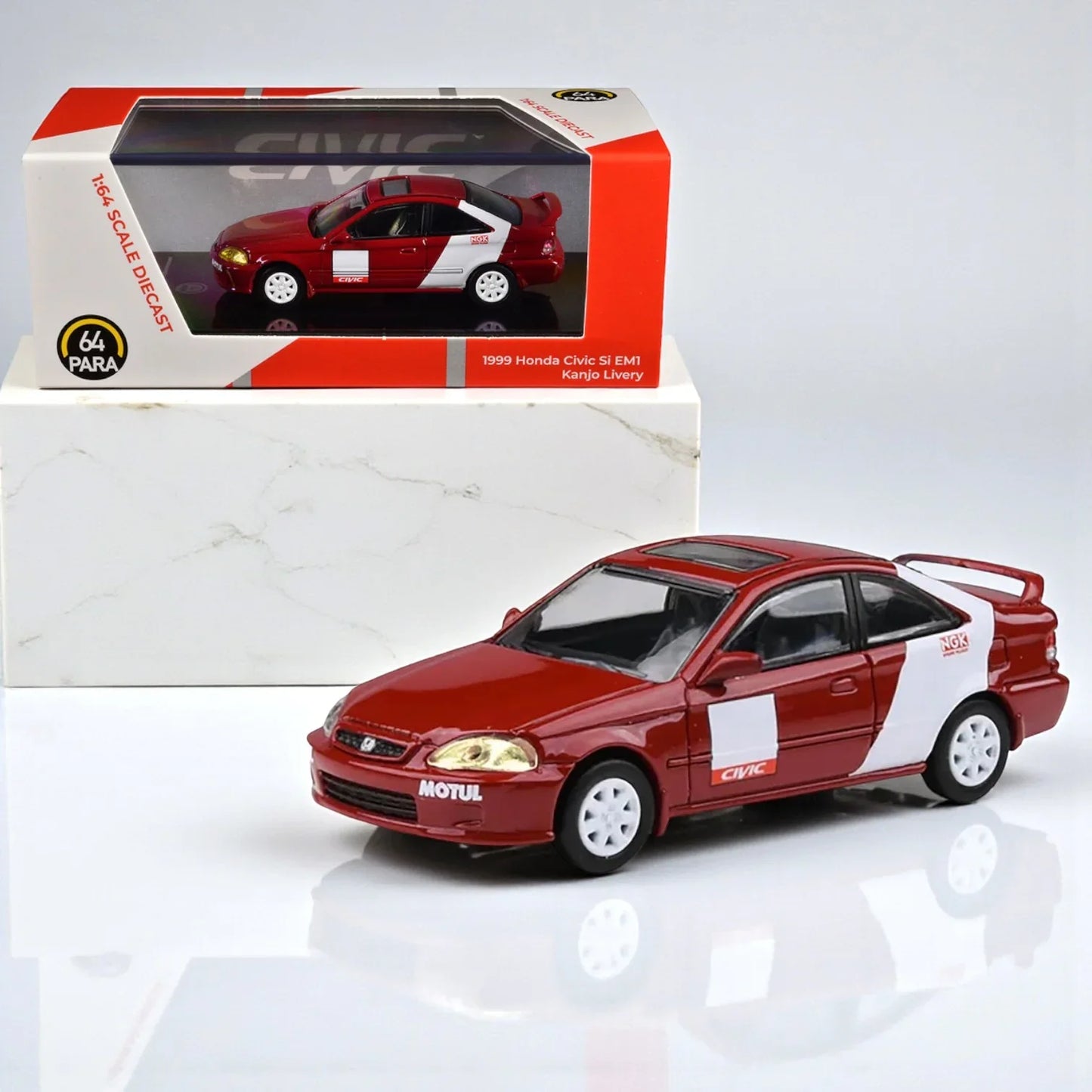 PARA64 1:64 1999 Honda Civic Si EM1 – Kanjo Livery Red with White Stripes | Premium Diecast Model Car