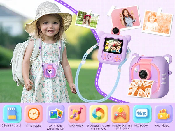 Instant Print Kids Camera – 48MP 1080P Video Toy with Rotating Lens &  Rolls - Purple
