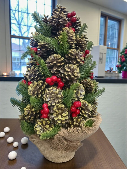 Mini Pinecone Christmas Tree 35cm | Tabletop Decoration with Red Berries & Jute Base – Holiday Accent Décor