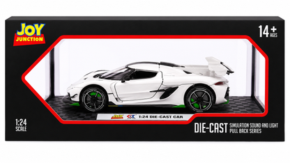 Joy Junction 1:24 Koenig Smoke White Scale Die-Cast Hypercar Model with Sound & Light – Pull Back Metal Sports Car Toy