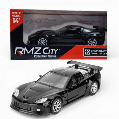 RMZ City 1:36 Chevrolet Corvette C6R Die-Cast Car | Openable Doors & Pull-Back Action | Metal Model Toy (Black / Yellow)
