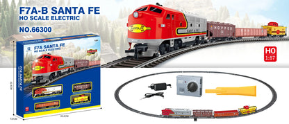 HANFLY-66300 F7A Santa Fe HO Scale Electric Train Set with Freight Cars & Metal Tracks – 1:87 Realistic Railway Model-