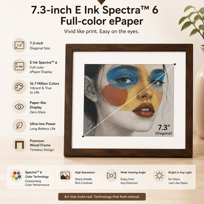 AI Art Frame 7.3" Classic Wooden Frame | Full-Color E Ink Spectra™ 6 Digital Picture Frame | Wi-Fi & Bluetooth | Wireless Battery Powered | Smart Art Display | 3,800+ Image Storage
