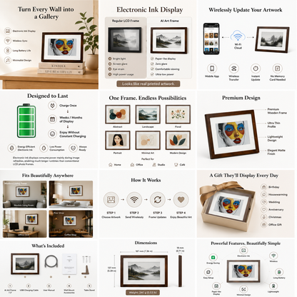 AI Art Frame 7.3" Classic Wooden Frame | Full-Color E Ink Spectra™ 6 Digital Picture Frame | Wi-Fi & Bluetooth | Wireless Battery Powered | Smart Art Display | 3,800+ Image Storage