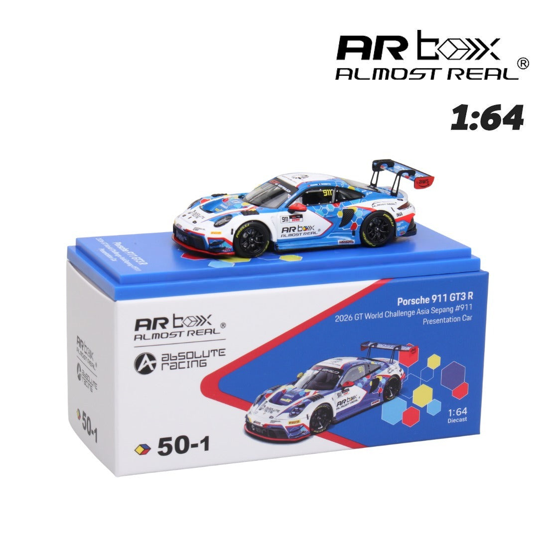 Almost Real 1:64 Porsche 911 GT3 R #911 Absolute Racing 2026 GT World Challenge Asia Sepang Presentation Car Die-Cast Model with Display Base