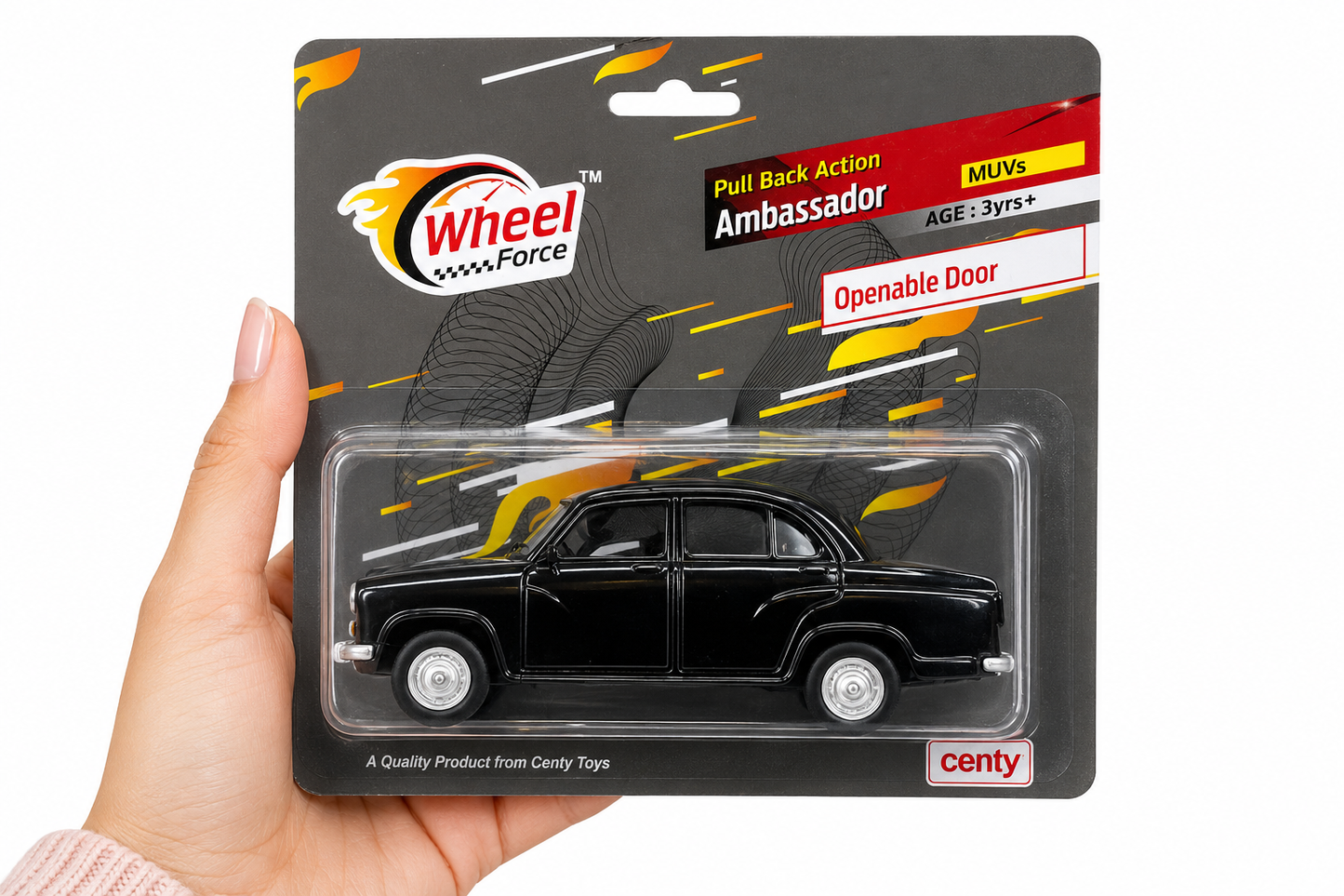 Centy Wheel Force Ambassador Pull Back Toy Car with Openable Doors | Classic Indian Sedan Model | Friction Powered | Black | Ages 3+