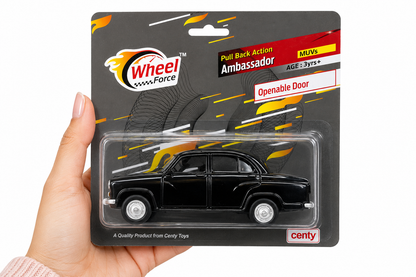 Centy Wheel Force Ambassador Pull Back Toy Car with Openable Doors | Classic Indian Sedan Model | Friction Powered | Black | Ages 3+