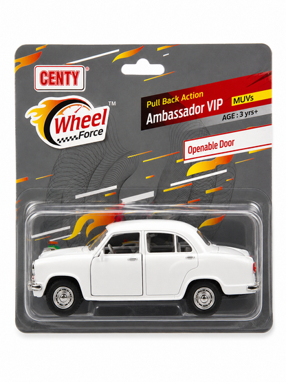 CENTY Ambassador VIP Pull Back Toy Car White | Openable Doors | Classic Indian Sedan Toy for Kids 3+