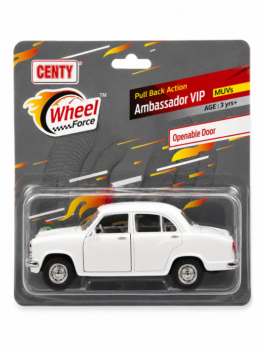 CENTY Ambassador VIP Pull Back Toy Car White | Openable Doors | Classic Indian Sedan Toy for Kids 3+
