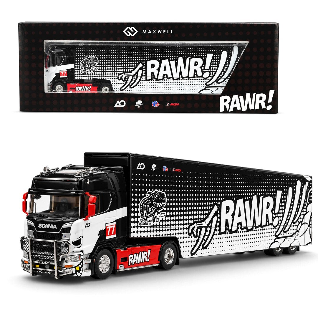 Maxwell 1:64 Scania S730 RAWR! Racing Team #77 Enclosed Transporter Truck Diecast Model – Black, White & Red