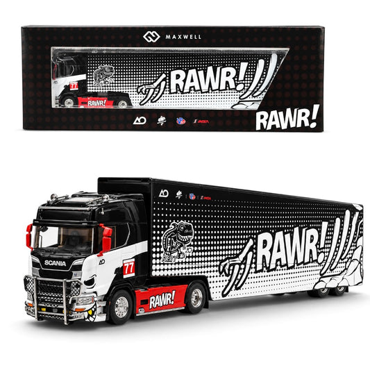 Maxwell 1:64 Scania S730 RAWR! Racing Team #77 Enclosed Transporter Truck Diecast Model – Black, White & Red