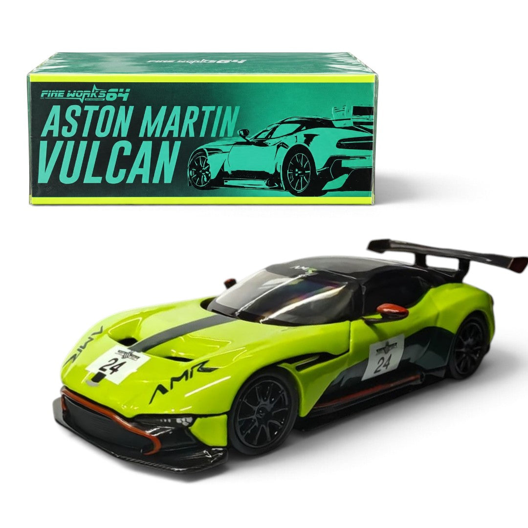 Fine Works 1:64 Aston Martin Vulcan Die-Cast Supercar Model – Miniature Track Car Collectible with Rear Wing
