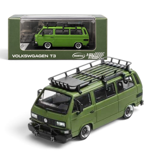 Mortal 1:64 Volkswagen T3 Lowrider Military Green Die-Cast VW Van Model with Bicycles, Roof Rack & Surfboard