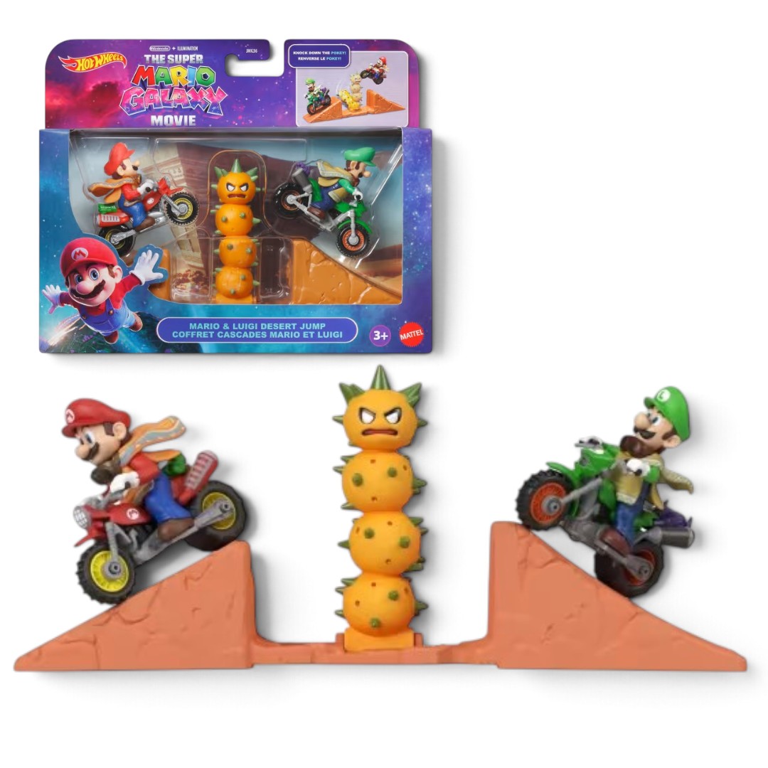 Hot Wheels 1:64 Mario & Luigi Desert Jump Playset with 2 Motorcycles & Pokey – Super Mario Galaxy Movie | JMG36
