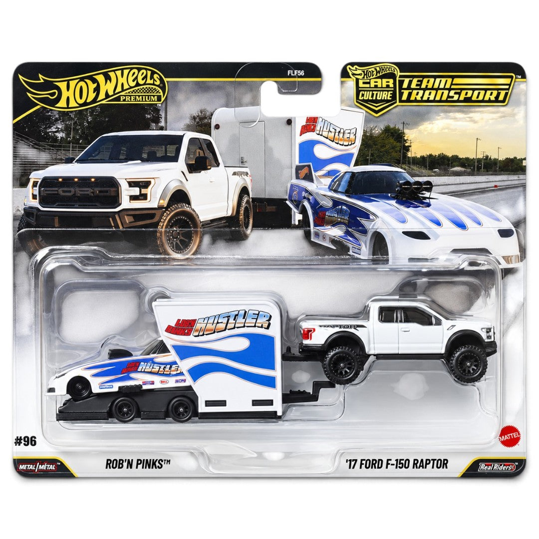 Hot Wheels 1:64 Premium Team Transport Rob’n Pinks & ’17 Ford F-150 Raptor with Trailer – #96