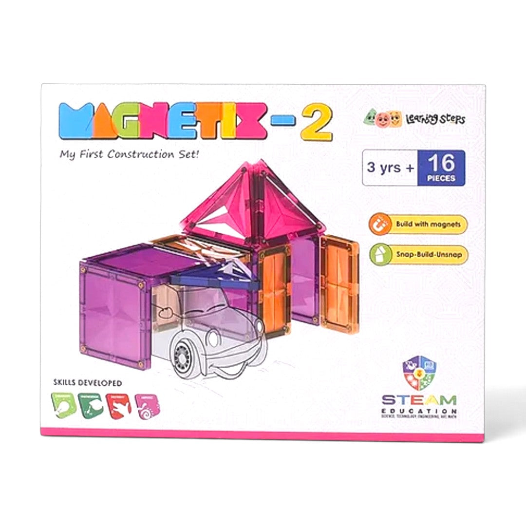 Zephyr Learning Steps Magnetix-2 Magnetic Tiles Building Set – 16 Pieces, 30+ Models, Ages 3+