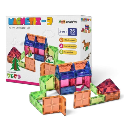 Zephyr Learning Steps Magnetix-3 Magnetic Tiles Building Set – 36 Pieces, Ages 3+