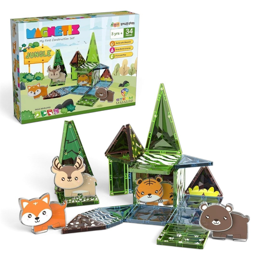 Zephyr Learning Steps Magnetix Jungle Magnetic Tiles Building Set – 34 Pieces, Ages 3+