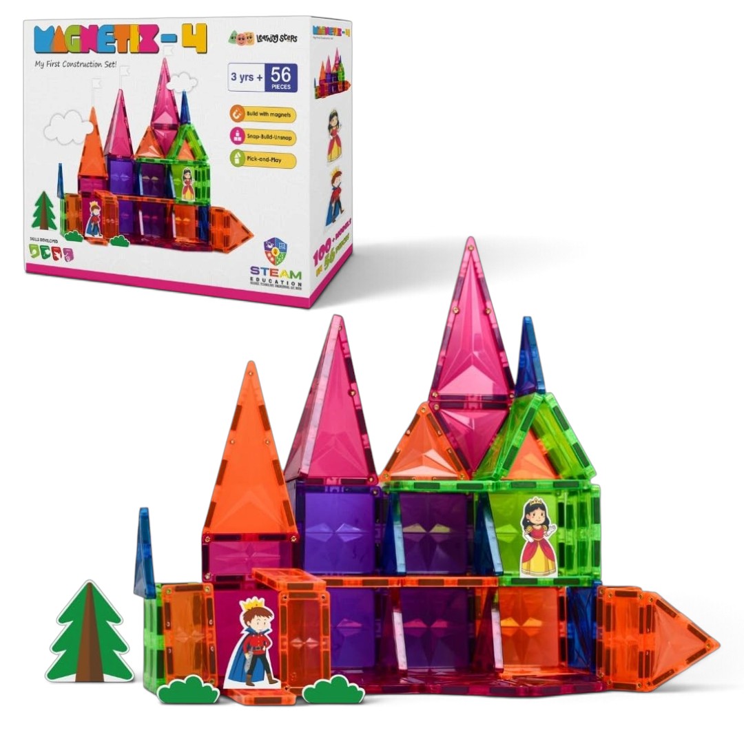 Zephyr Learning Steps Magnetix-4 Magnetic Tiles Building Set – 56 Pieces, Ages 3+