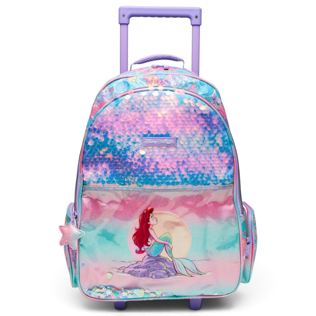 Smiggle Disney The Little Mermaid Ariel 18 Inch Trolley Backpack – 18L Kids Rolling School Bag with Extendable Handle & Wheels – Multicolour