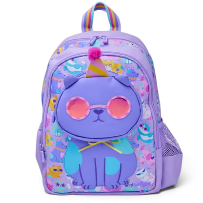 Smiggle 14 Inch Kids Backpack – Purple Cat Design School Bag with 3D Front Pocket, Sunglasses Detail & Side Mesh Pocket
