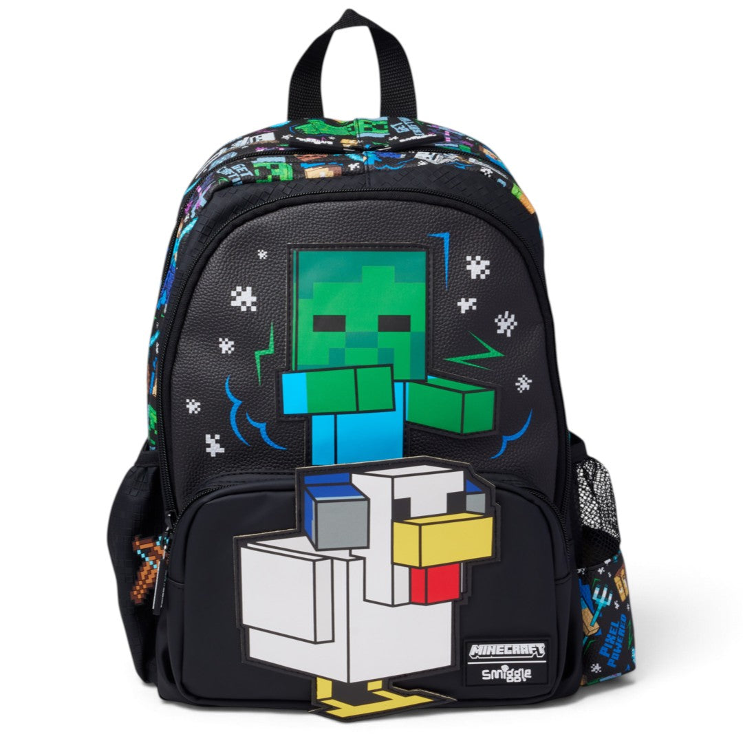 Smiggle Minecraft 14 Inch Kids Backpack – Black Creeper & Chicken Character School Bag with 3D Front Design & Side Bottle Pocket