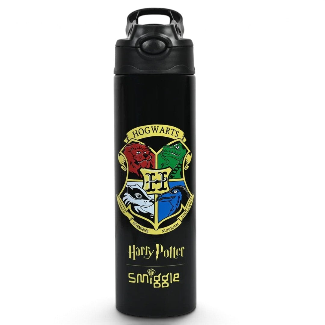 Smiggle Harry Potter Hogwarts 520ml (18 fl oz) Kids Water Bottle – Black Flip-Top Sipper Bottle with Carry Handle