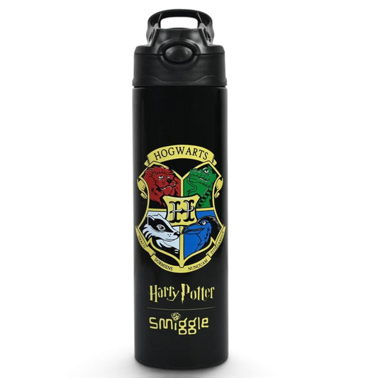 Smiggle Harry Potter Hogwarts 520ml (18 fl oz) Kids Water Bottle – Black Flip-Top Sipper Bottle with Carry Handle