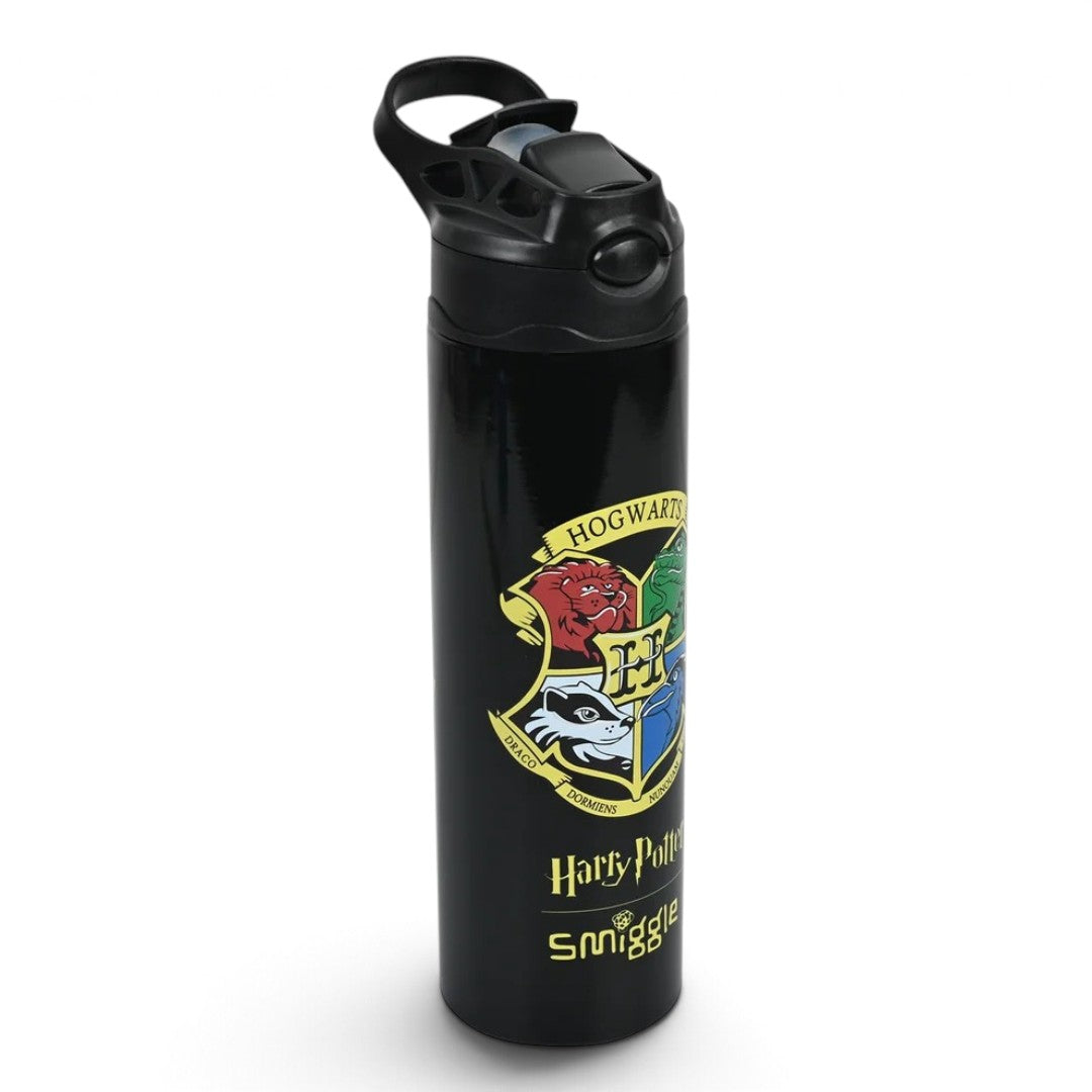 Smiggle Harry Potter Hogwarts 520ml (18 fl oz) Kids Water Bottle – Black Flip-Top Sipper Bottle with Carry Handle