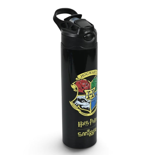 Smiggle Harry Potter Hogwarts 520ml (18 fl oz) Kids Water Bottle – Black Flip-Top Sipper Bottle with Carry Handle