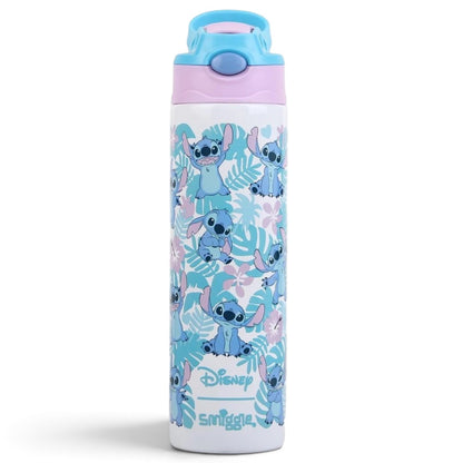 Smiggle Disney Stitch 520ml (18 fl oz) Kids Water Bottle – Flip-Top Sipper Bottle with Carry Handle, Blue & Pink