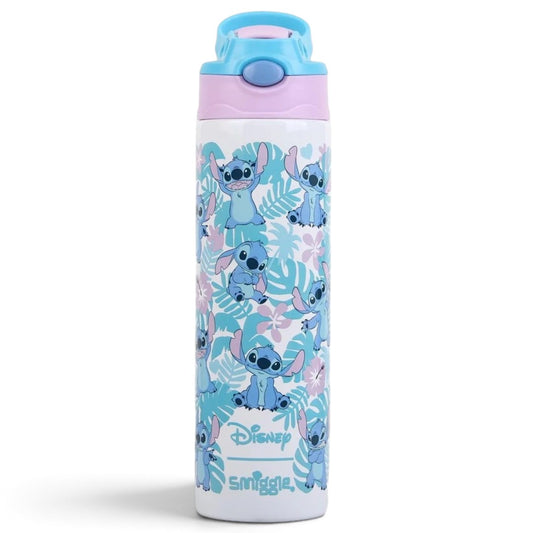 Smiggle Disney Stitch 520ml (18 fl oz) Kids Water Bottle – Flip-Top Sipper Bottle with Carry Handle, Blue & Pink