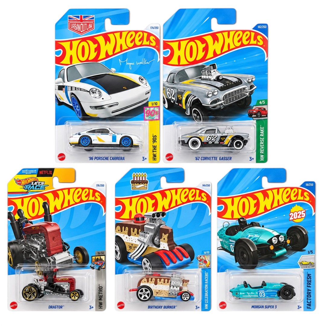 Hot Wheels 1:64 5-Car Die-Cast Set – ’96 Porsche Carrera, ’62 Corvette Gasser, Draftnator, Birthday Burner & Morgan Super 3