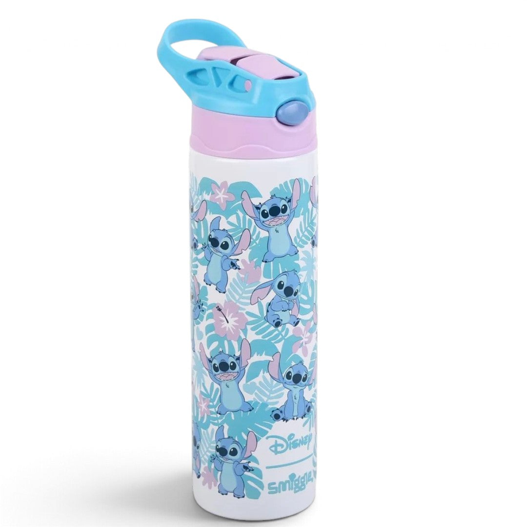 Smiggle Disney Stitch 520ml (18 fl oz) Kids Water Bottle – Flip-Top Sipper Bottle with Carry Handle, Blue & Pink