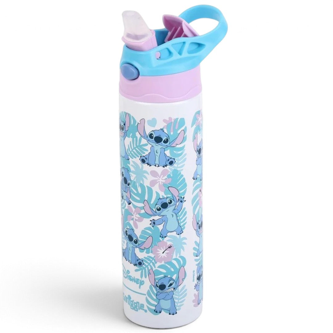 Smiggle Disney Stitch 520ml (18 fl oz) Kids Water Bottle – Flip-Top Sipper Bottle with Carry Handle, Blue & Pink