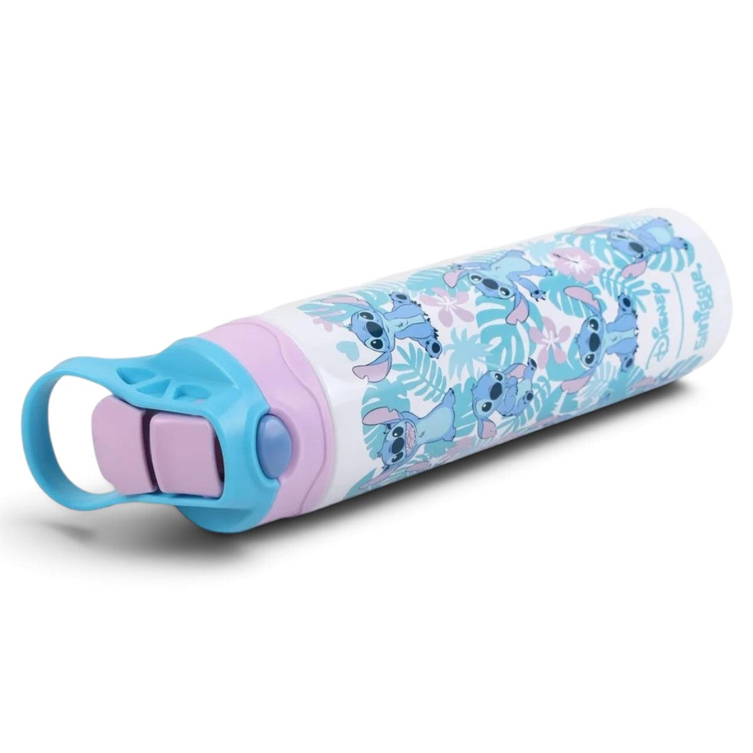 Smiggle Disney Stitch 520ml (18 fl oz) Kids Water Bottle – Flip-Top Sipper Bottle with Carry Handle, Blue & Pink