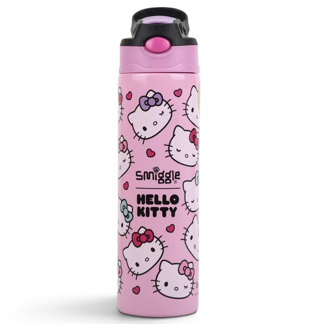 Smiggle Hello Kitty 520ml (18 fl oz) Kids Water Bottle – Pink Character Print Bottle with Flip-Top Sipper & Carry Handle