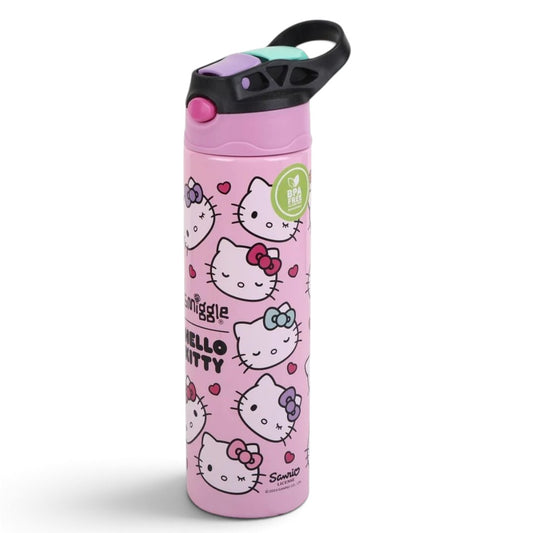 Smiggle Hello Kitty 520ml (18 fl oz) Kids Water Bottle – Pink Character Print Bottle with Flip-Top Sipper & Carry Handle