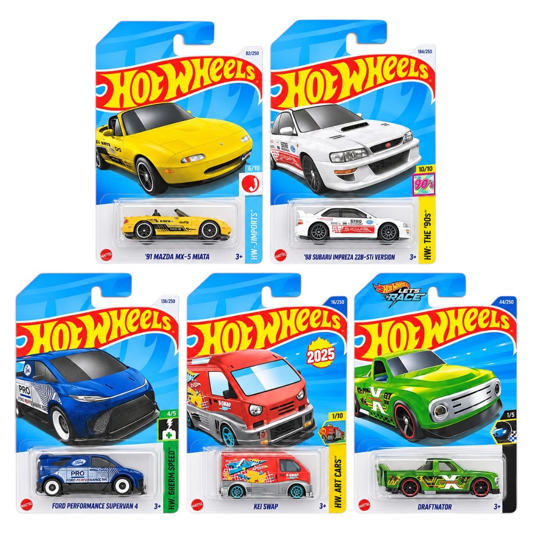 Hot Wheels 1:64 5-Car Die-Cast Set – ’91 Mazda MX-5 Miata, ’98 Subaru Impreza 22B-STi, Ford Performance Supervan 4, Kei Swap & Draftnator