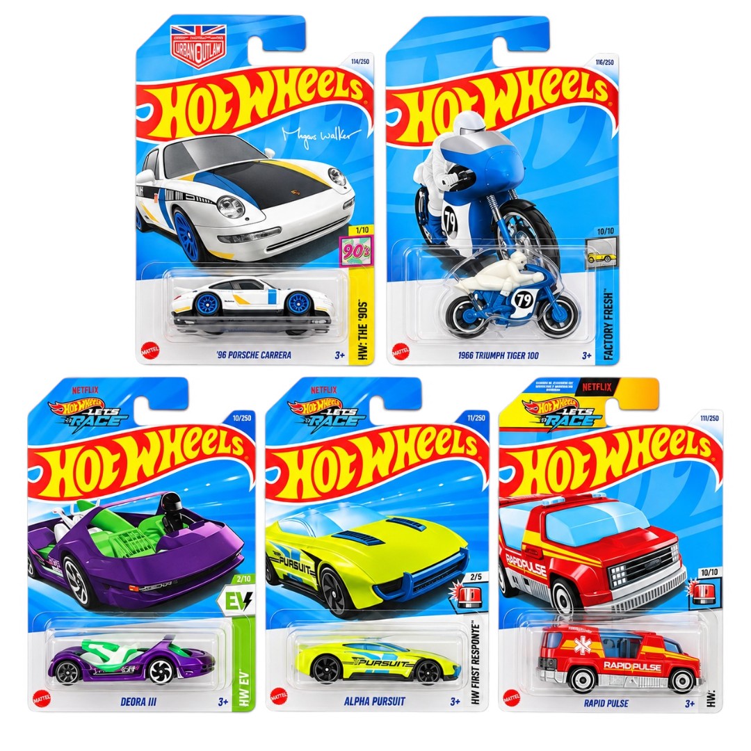 Hot Wheels 1:64 Die-Cast 5-Car Combo Set – ’96 Porsche Carrera, 1966 Triumph Tiger 100, Deora III, Alpha Pursuit & Rapid Pulse – Collectible Toy Vehicles