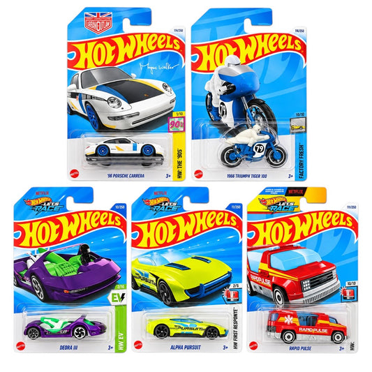 Hot Wheels 1:64 Die-Cast 5-Car Combo Set – ’96 Porsche Carrera, 1966 Triumph Tiger 100, Deora III, Alpha Pursuit & Rapid Pulse – Collectible Toy Vehicles