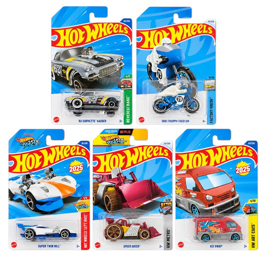Hot Wheels 1:64 Die-Cast 5-Vehicle Combo Set – ’62 Corvette Gasser, 1966 Triumph Tiger 100, Super Twin Mill, Speed Dozer & Kei Swap – Collectible Models