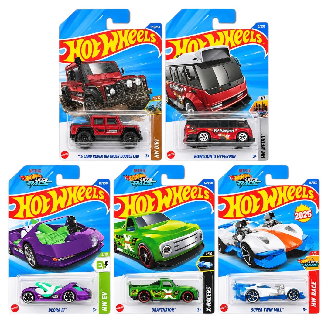Hot Wheels 1:64 Die-Cast 5-Car Combo Set – ’15 Land Rover Defender Double Cab, Kowloon’d Hypervan, Deora III, Draftnator & Super Twin Mill – Collectible Vehicles