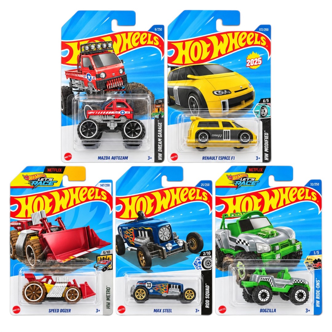 Hot Wheels 1:64 Die-Cast 5-Car Combo Set – Mazda Autozam, Renault Espace F1, Speed Dozer, Max Steel & Bogzilla – Collectible Toy Cars