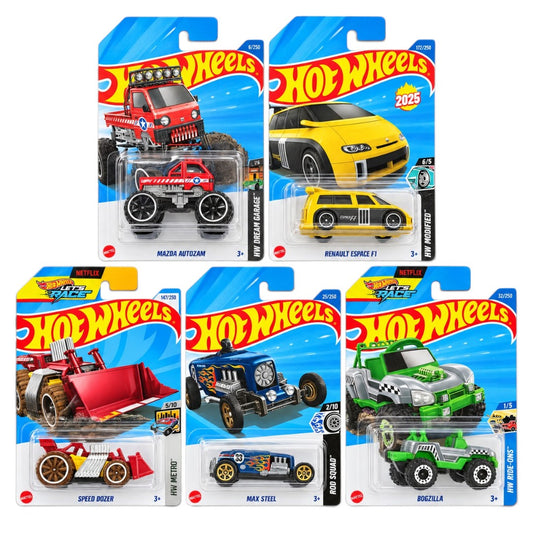 Hot Wheels 1:64 Die-Cast 5-Car Combo Set – Mazda Autozam, Renault Espace F1, Speed Dozer, Max Steel & Bogzilla – Collectible Toy Cars