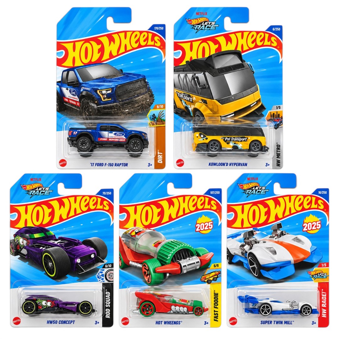 Hot Wheels 1:64 Die-Cast 5-Car Combo Set – ’17 Ford F-150 Raptor, Kowloon’d Hypervan, HW50 Concept, Hot Wheengs & Super Twin Mill – Collectible Cars